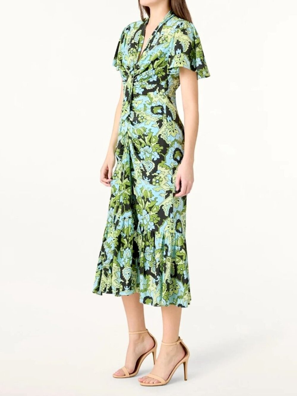 NWT Cinq À Sept Damask Peeta Ruched Midi Dress Tapestry Green Blue 5a7 4 NEW